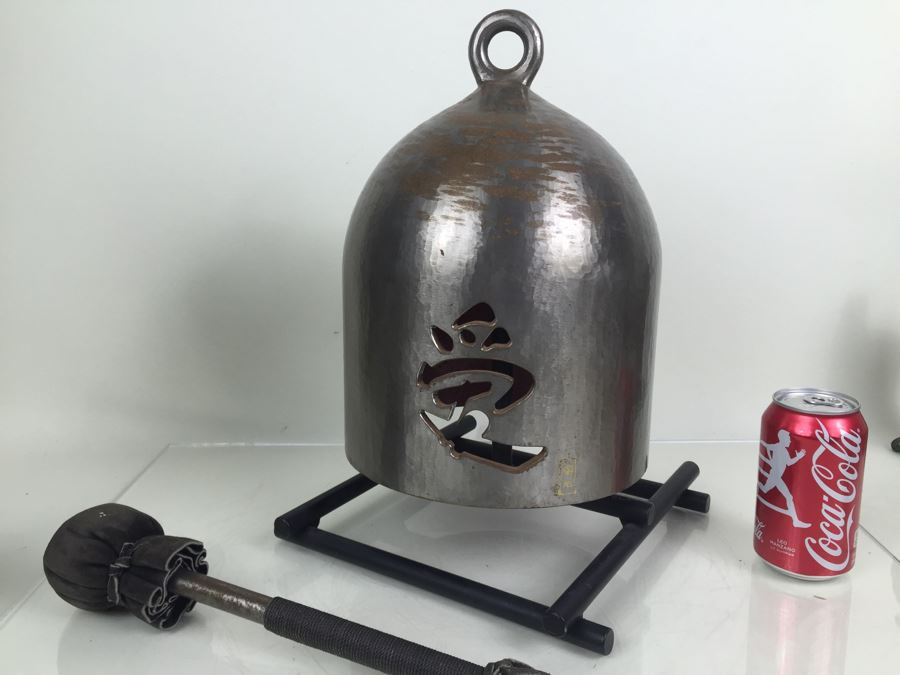 Large Signed Asian Bell Temple Buzzer With Stand And Mallot