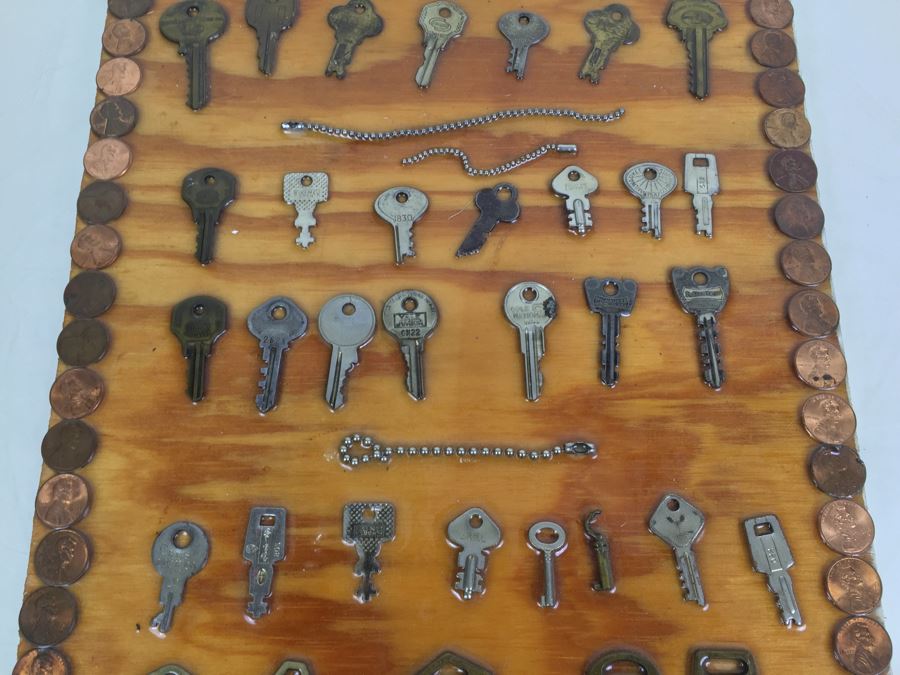 Folk Art Piece Showing Various Keys Surrounded By Pennies [Photo 3]