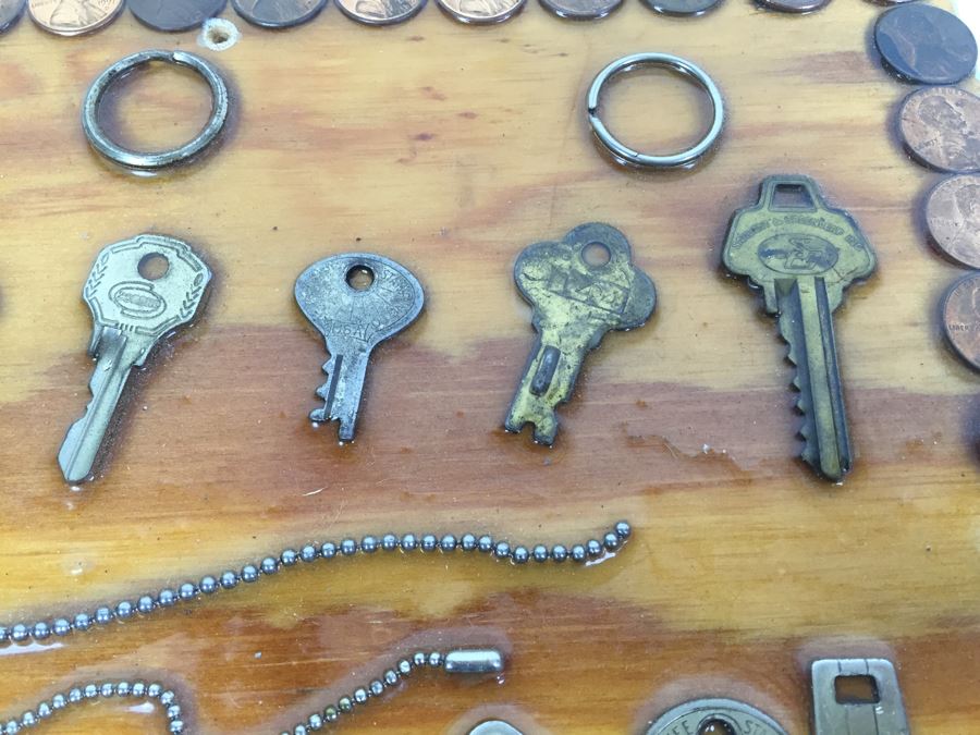 Folk Art Piece Showing Various Keys Surrounded By Pennies [Photo 6]