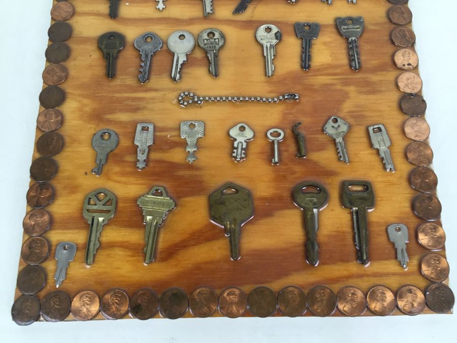 Folk Art Piece Showing Various Keys Surrounded By Pennies [Photo 4]