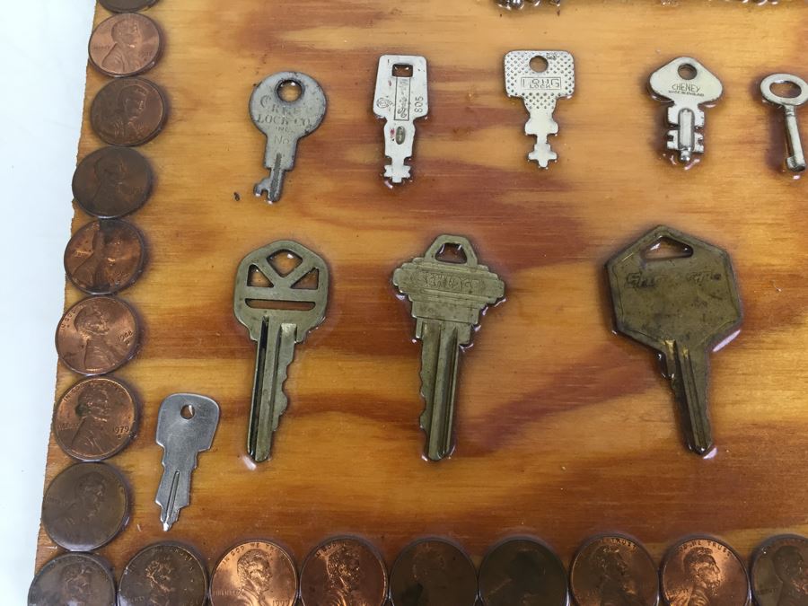 Folk Art Piece Showing Various Keys Surrounded By Pennies [Photo 9]