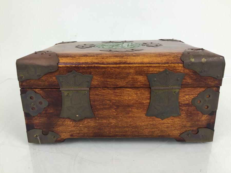 Vintage Shanghai China Wooden Jade Brass Jewelry Box Chest [Photo 9]