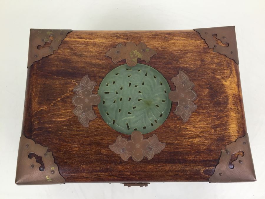 Vintage Shanghai China Wooden Jade Brass Jewelry Box Chest