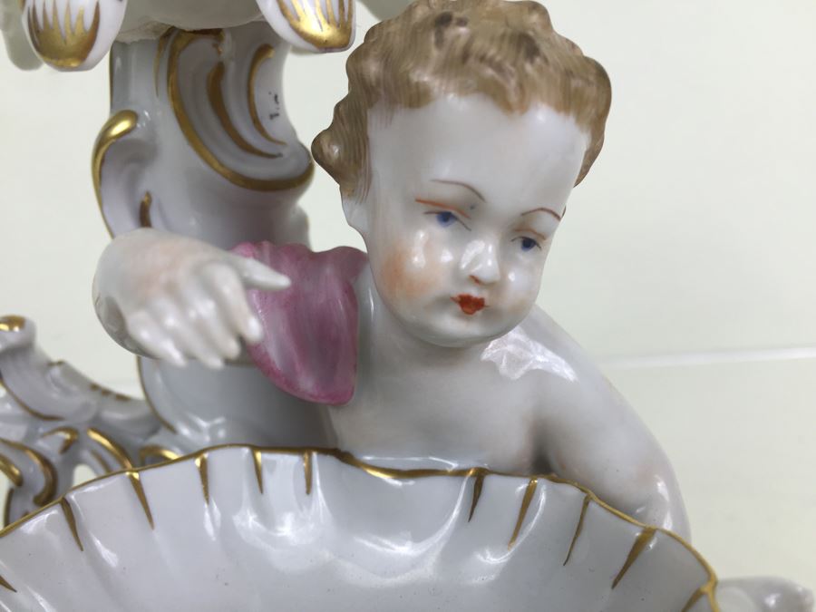 Vintage Dresden Porcelain Putto Cherub Floral Candle Holder With Bowl Dish Saxon [Photo 8]