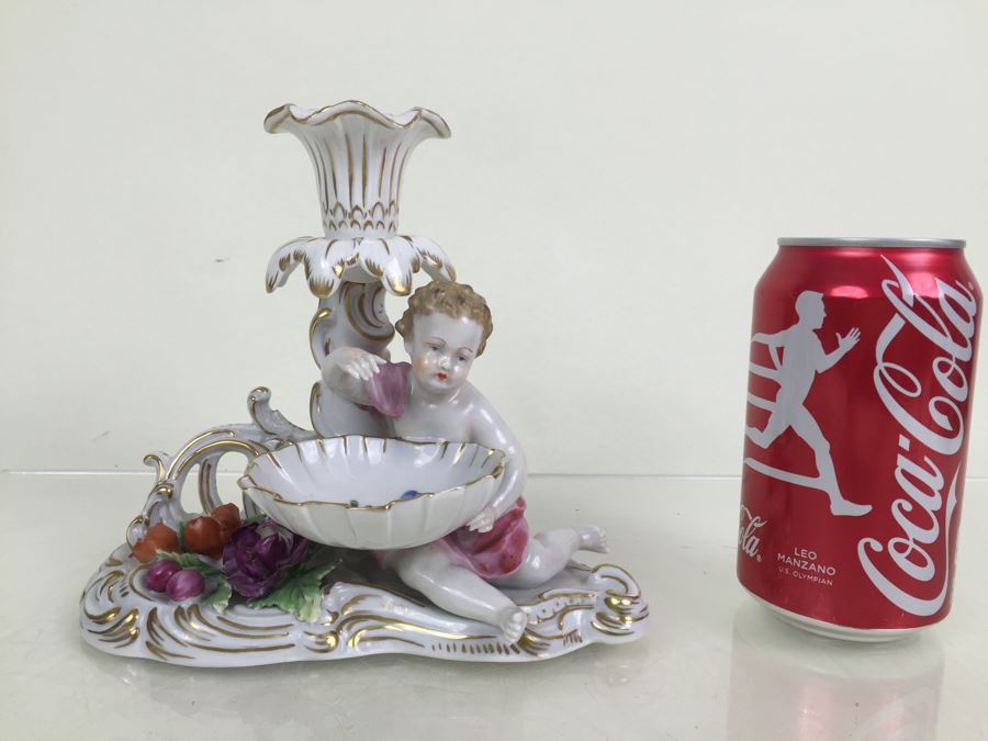 Vintage Dresden Porcelain Putto Cherub Floral Candle Holder With Bowl Dish Saxon [Photo 4]
