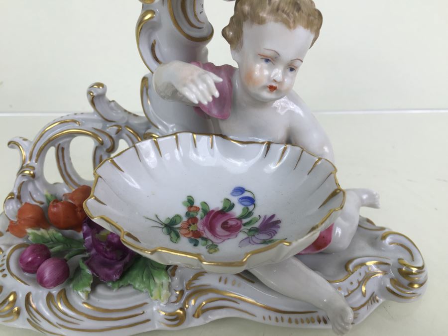 Vintage Dresden Porcelain Putto Cherub Floral Candle Holder With Bowl Dish Saxon [Photo 5]
