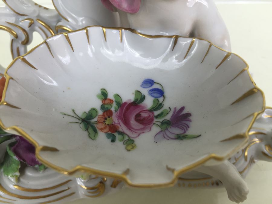 Vintage Dresden Porcelain Putto Cherub Floral Candle Holder With Bowl Dish Saxon [Photo 7]