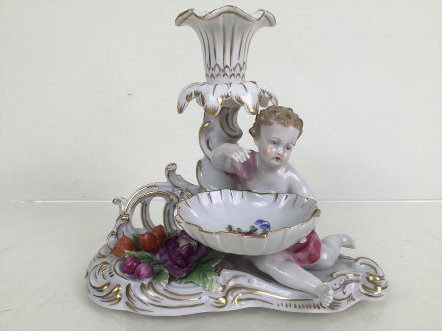 Vintage Dresden Porcelain Putto Cherub Floral Candle Holder With Bowl Dish Saxon