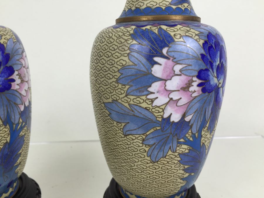 Pair Of Vintage Chinese Cloisonne Vases With Stands [Photo 11]