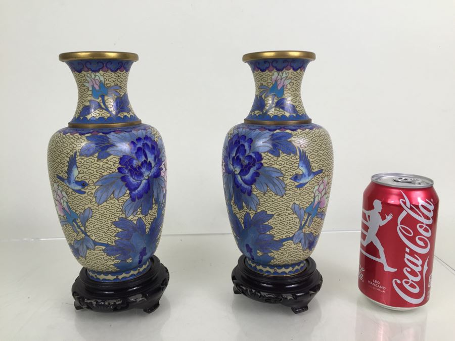 Pair Of Vintage Chinese Cloisonne Vases With Stands