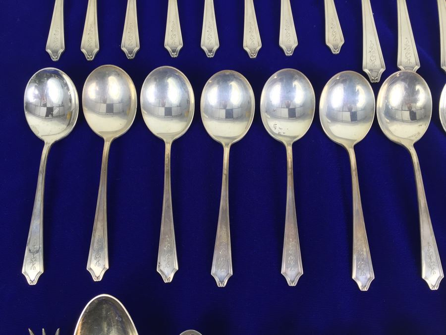 Sterling Silver Flatware Set By International With Silver Storage Cloths 1,438g Sterling Flatware + 112g Sterling From Knife Handles = 1,550g = $808 Melt Value [Photo 9]