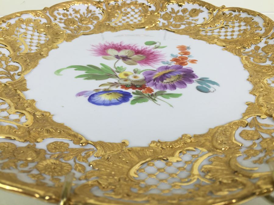 Stunning Vintage Meissen Porcelain Large Gold High Relief With Floral Pattern Plate Germany [Photo 10]