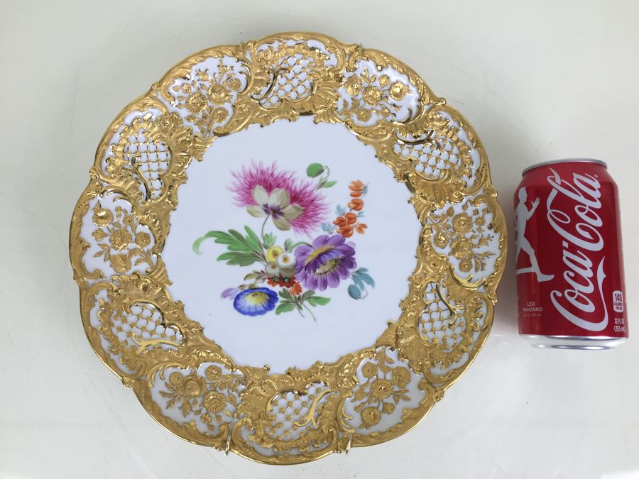 Stunning Vintage Meissen Porcelain Large Gold High Relief With Floral Pattern Plate Germany [Photo 4]