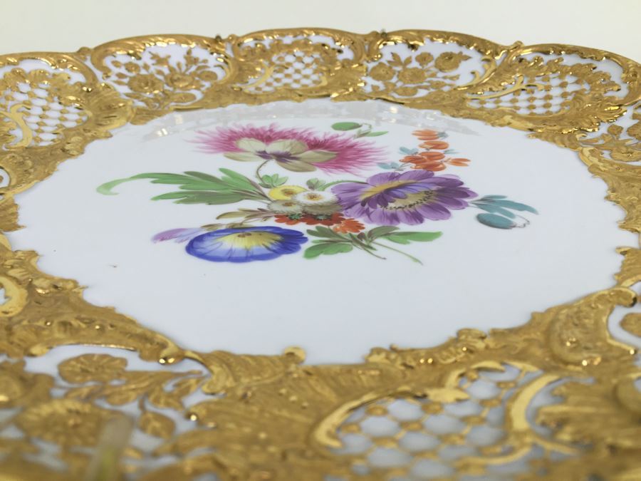 Stunning Vintage Meissen Porcelain Large Gold High Relief With Floral Pattern Plate Germany [Photo 14]