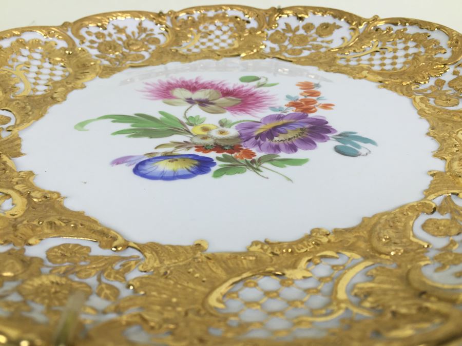 Stunning Vintage Meissen Porcelain Large Gold High Relief With Floral Pattern Plate Germany [Photo 12]