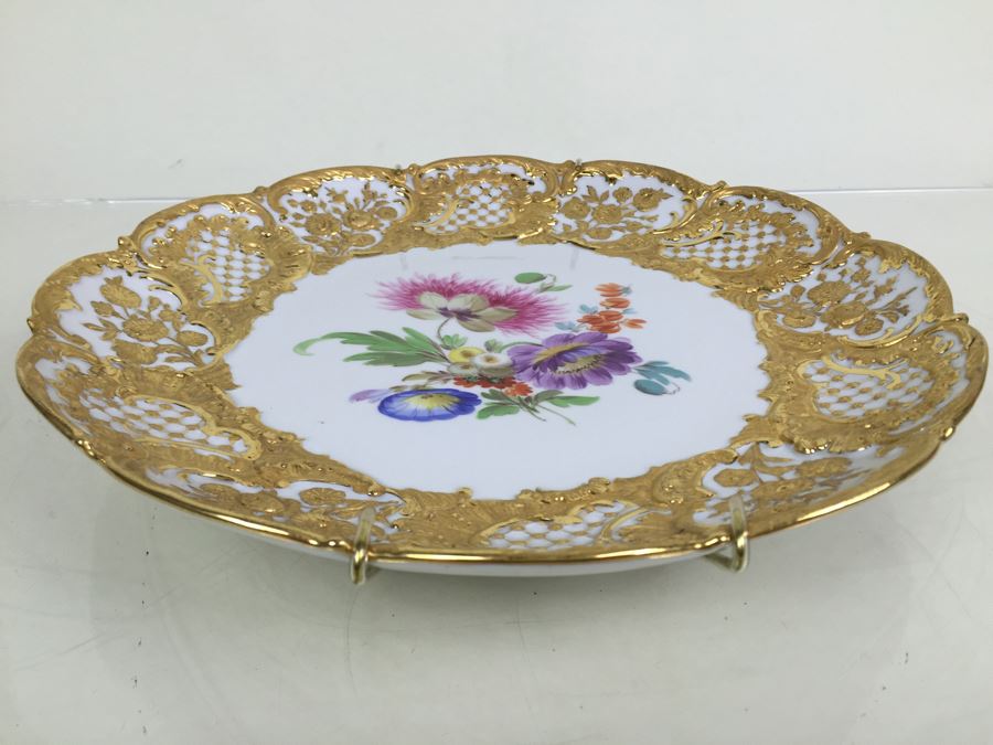Stunning Vintage Meissen Porcelain Large Gold High Relief With Floral Pattern Plate Germany [Photo 11]