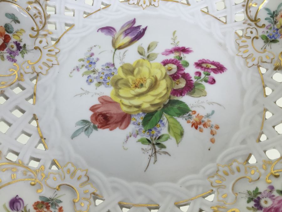 Stunning Vintage Meissen Porcelain Reticulated Compote Germany Gilt With Floral Motif [Photo 5]