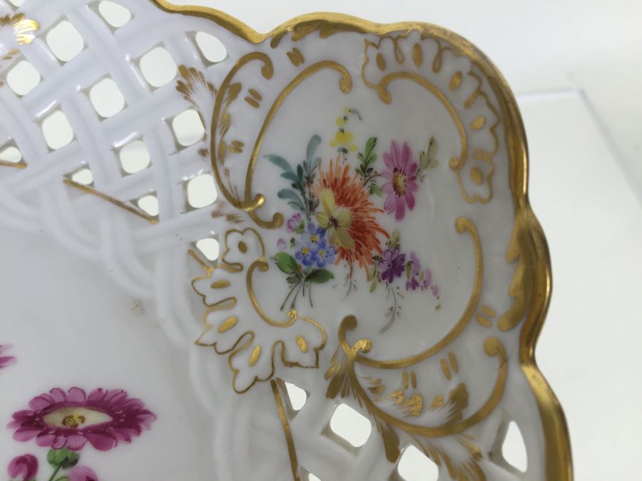 Stunning Vintage Meissen Porcelain Reticulated Compote Germany Gilt With Floral Motif [Photo 8]