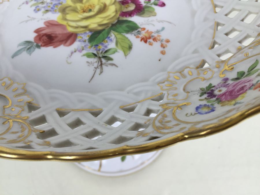 Stunning Vintage Meissen Porcelain Reticulated Compote Germany Gilt With Floral Motif [Photo 12]