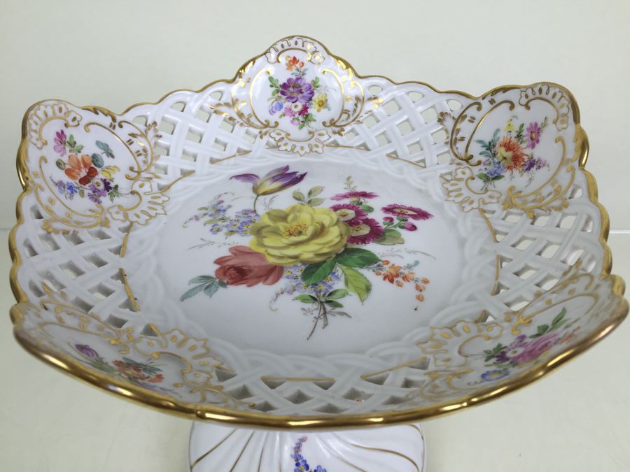 Stunning Vintage Meissen Porcelain Reticulated Compote Germany Gilt With Floral Motif [Photo 2]