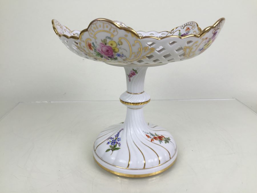 Stunning Vintage Meissen Porcelain Reticulated Compote Germany Gilt With Floral Motif [Photo 25]