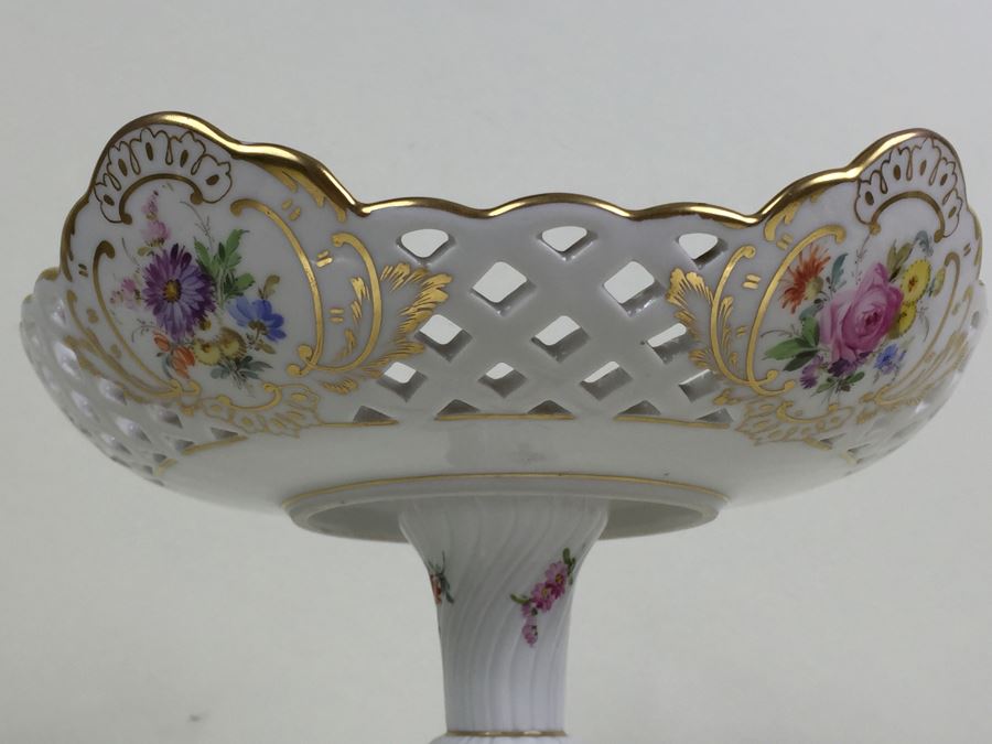 Stunning Vintage Meissen Porcelain Reticulated Compote Germany Gilt With Floral Motif [Photo 15]