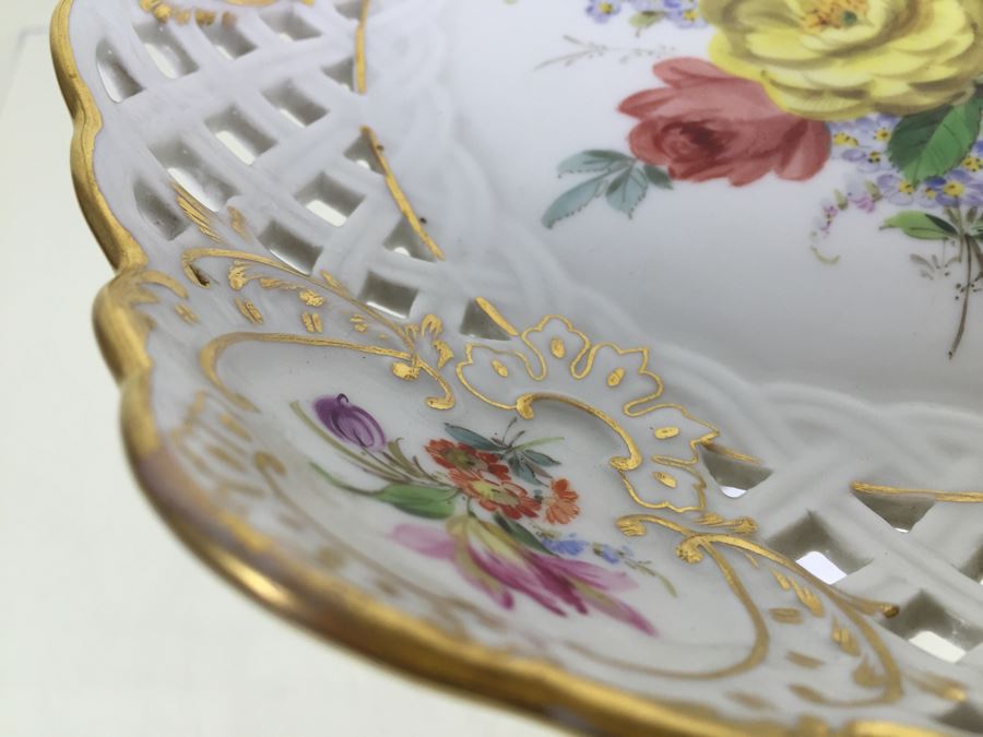 Stunning Vintage Meissen Porcelain Reticulated Compote Germany Gilt With Floral Motif [Photo 11]