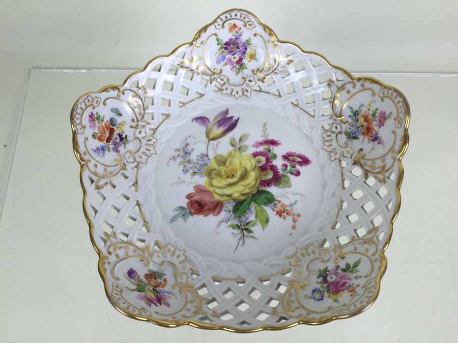 Stunning Vintage Meissen Porcelain Reticulated Compote Germany Gilt With Floral Motif [Photo 6]