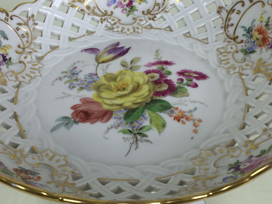 Stunning Vintage Meissen Porcelain Reticulated Compote Germany Gilt With Floral Motif [Photo 14]