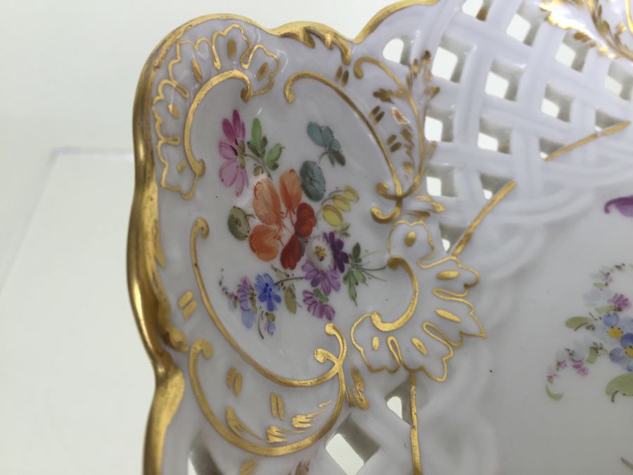 Stunning Vintage Meissen Porcelain Reticulated Compote Germany Gilt With Floral Motif [Photo 10]