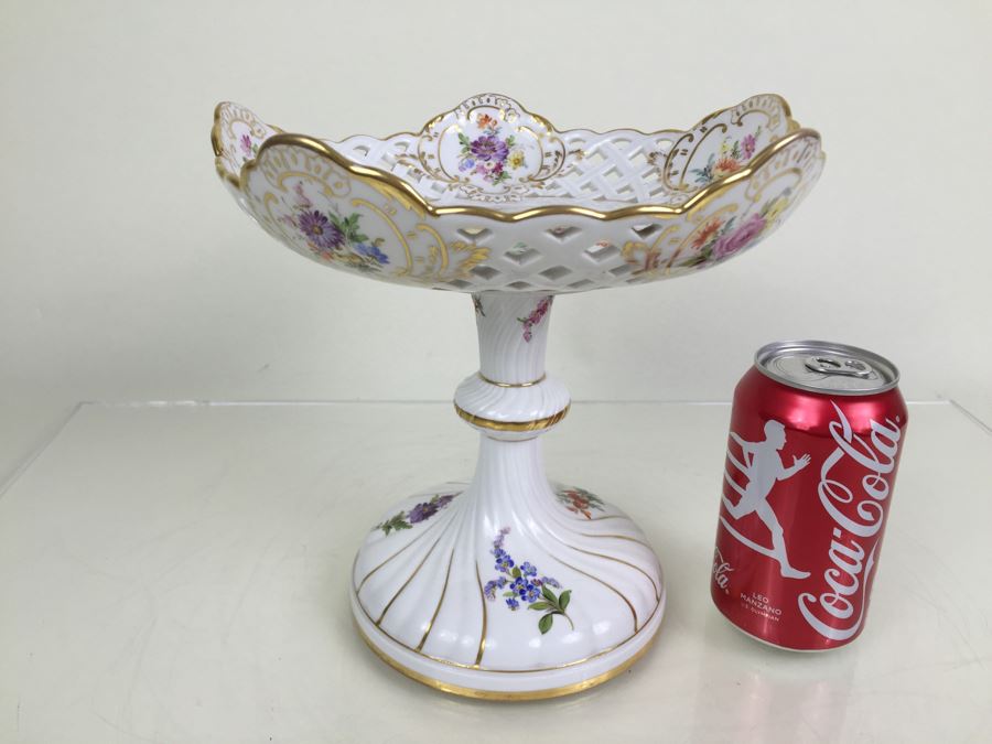 Stunning Vintage Meissen Porcelain Reticulated Compote Germany Gilt With Floral Motif