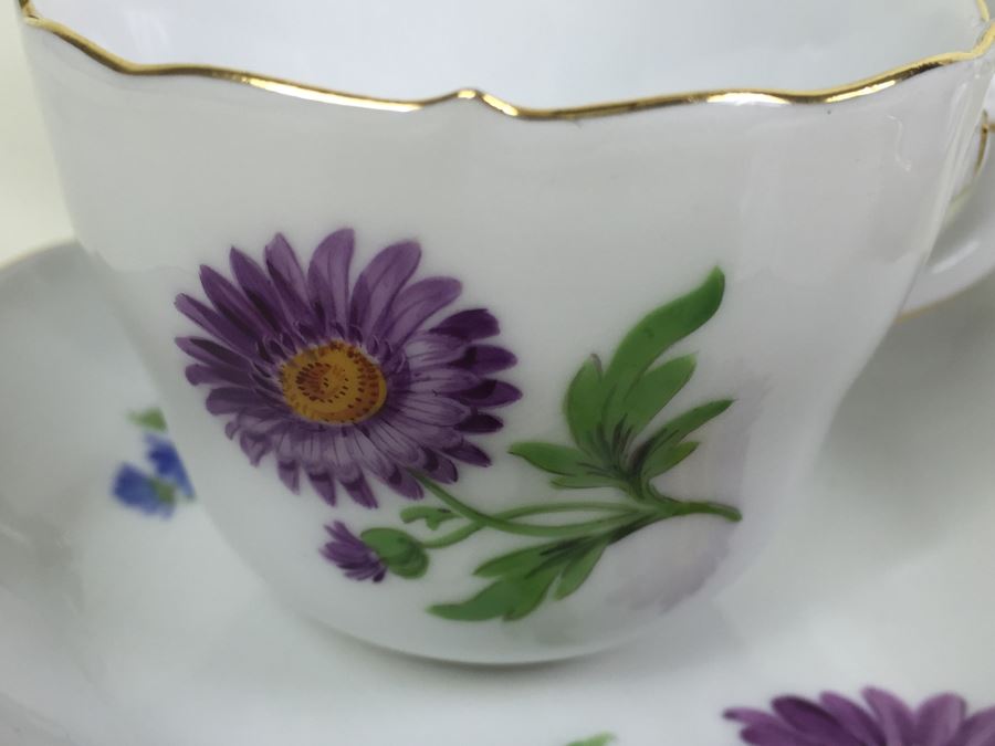 Nice Vintage Meissen Coffee Tea Service With Teapot, Creamer Bowl And 6 Meissen Cups With Saucers Germany Hand Painted Floral Motif [Photo 8]