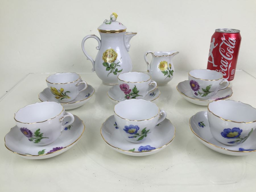 Nice Vintage Meissen Coffee Tea Service With Teapot, Creamer Bowl And 6 Meissen Cups With Saucers Germany Hand Painted Floral Motif [Photo 4]