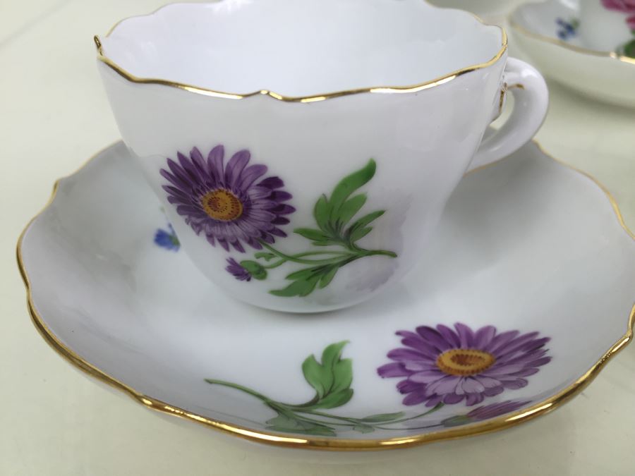 Nice Vintage Meissen Coffee Tea Service With Teapot, Creamer Bowl And 6 Meissen Cups With Saucers Germany Hand Painted Floral Motif [Photo 7]