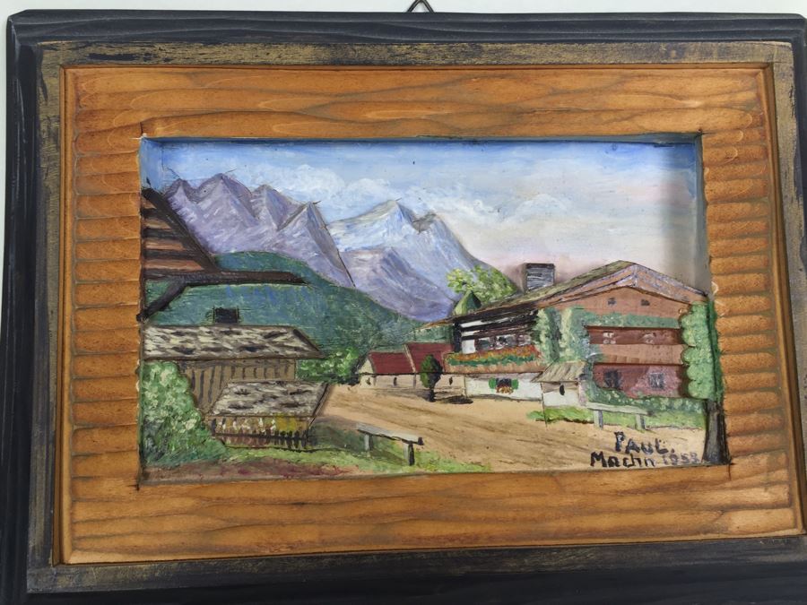 Set Of 3 Wood Carvings And Hand Painted European Austria Germany Landscapes Signed By Artist Paul Mochn? 1950's [Photo 3]