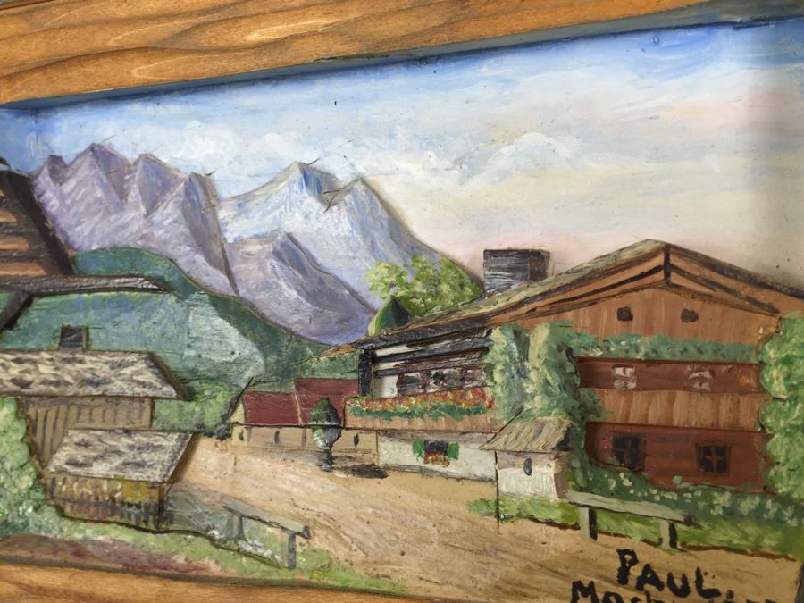 Set Of 3 Wood Carvings And Hand Painted European Austria Germany Landscapes Signed By Artist Paul Mochn? 1950's [Photo 19]