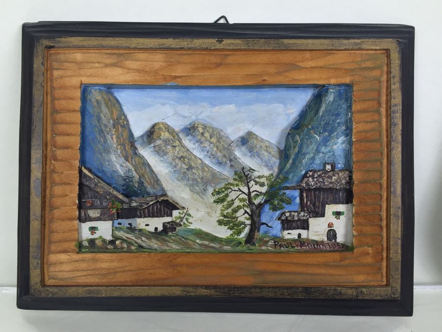 Set Of 3 Wood Carvings And Hand Painted European Austria Germany Landscapes Signed By Artist Paul Mochn? 1950's [Photo 2]