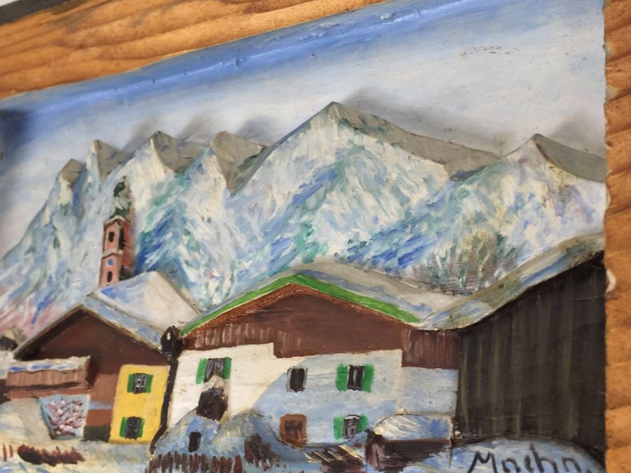 Set Of 3 Wood Carvings And Hand Painted European Austria Germany Landscapes Signed By Artist Paul Mochn? 1950's [Photo 25]