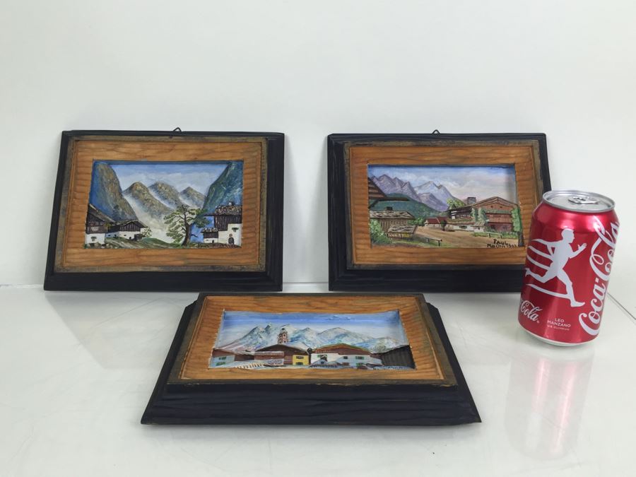 Set Of 3 Wood Carvings And Hand Painted European Austria Germany Landscapes Signed By Artist Paul Mochn? 1950's [Photo 4]