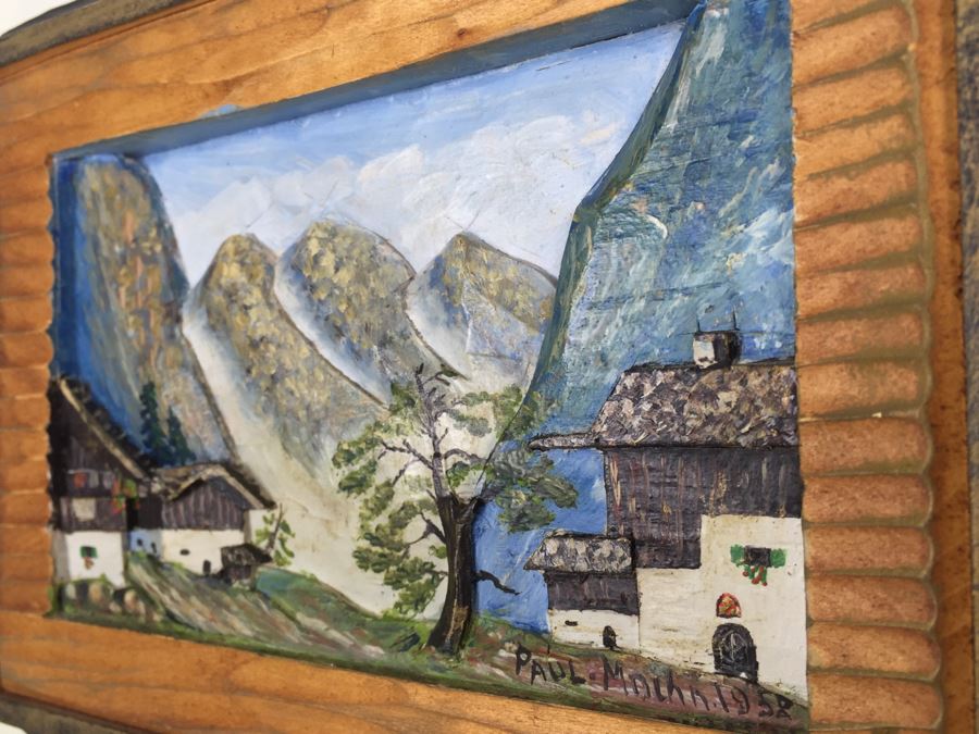 Set Of 3 Wood Carvings And Hand Painted European Austria Germany Landscapes Signed By Artist Paul Mochn? 1950's [Photo 10]