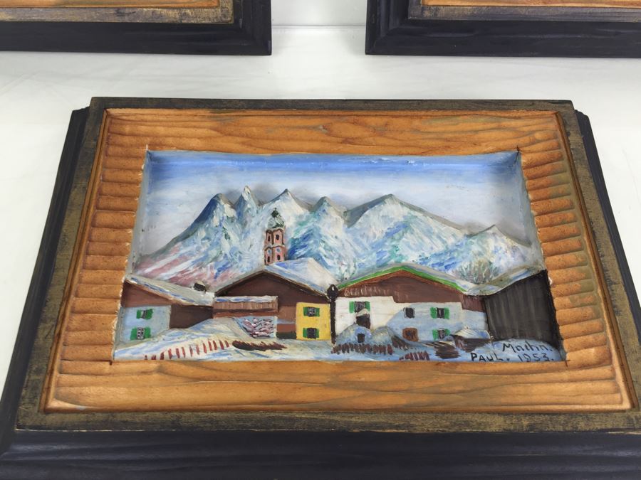 Set Of 3 Wood Carvings And Hand Painted European Austria Germany Landscapes Signed By Artist Paul Mochn? 1950's [Photo 20]