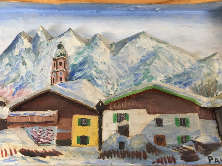 Set Of 3 Wood Carvings And Hand Painted European Austria Germany Landscapes Signed By Artist Paul Mochn? 1950's [Photo 22]