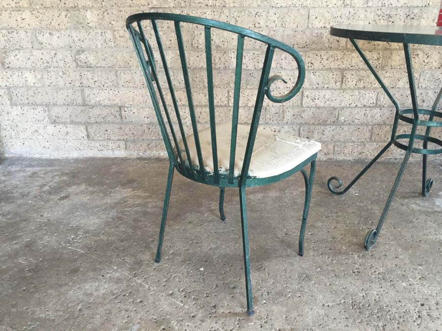 Vintage Wrought Iron Outdoor Patio Table With Two Chairs