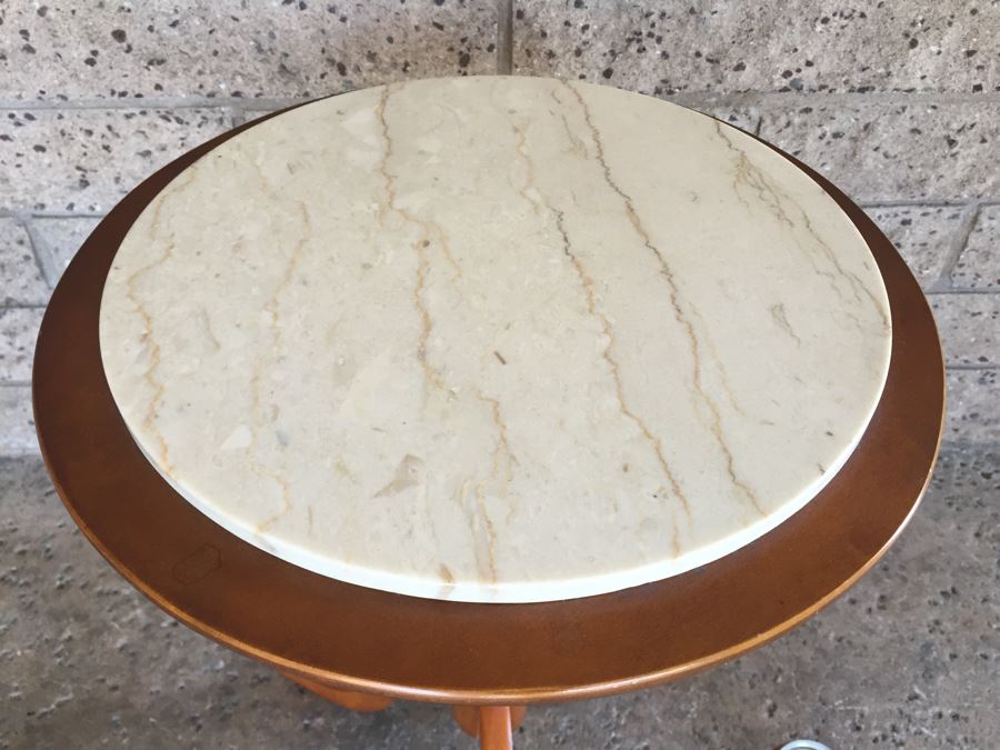 Wooden Pedestal Table With Travertine Top [Photo 3]