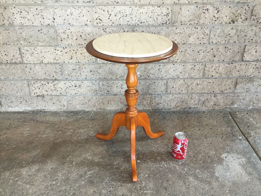 Wooden Pedestal Table With Travertine Top [Photo 2]