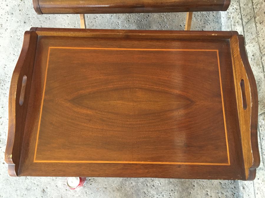 Pair Of Very Nice Wooden Inlay Trays With Separate Folding Stands And Built In Stands [Photo 5]