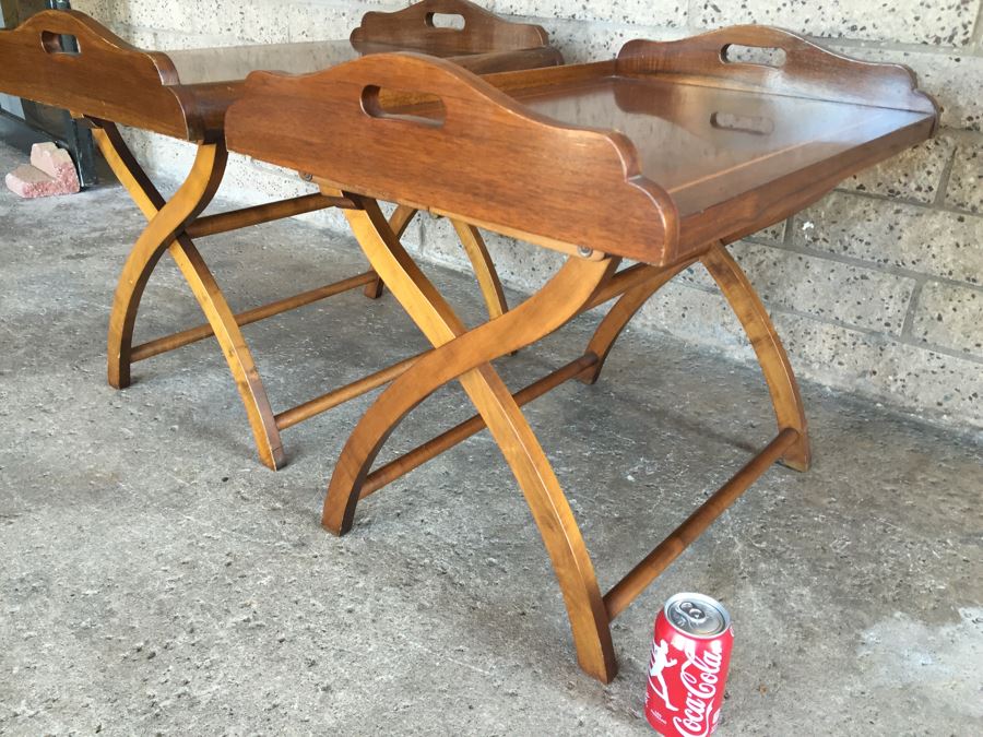 Pair Of Very Nice Wooden Inlay Trays With Separate Folding Stands And Built In Stands [Photo 9]