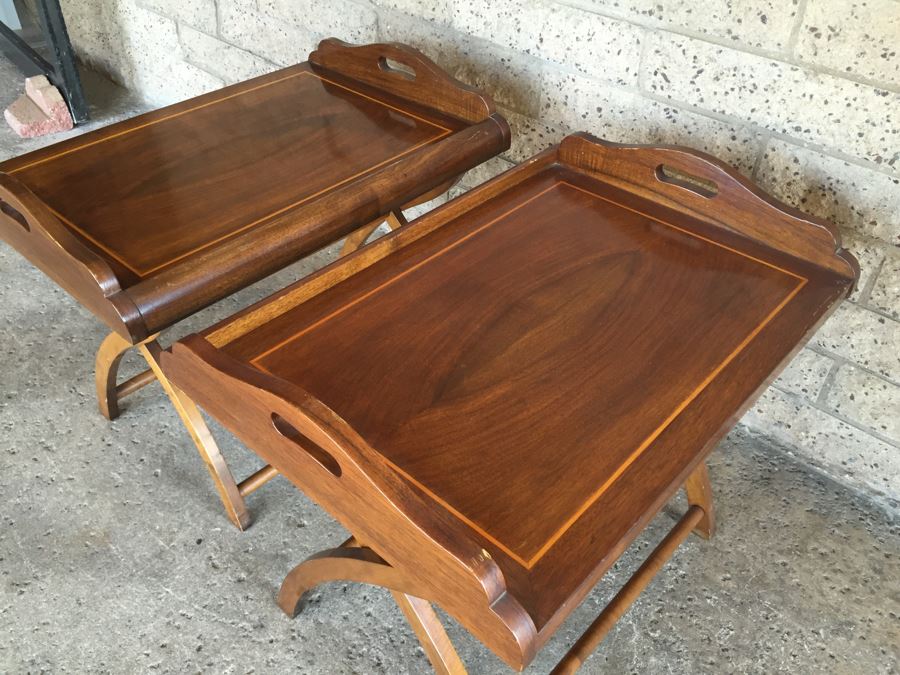 Pair Of Very Nice Wooden Inlay Trays With Separate Folding Stands And Built In Stands [Photo 7]