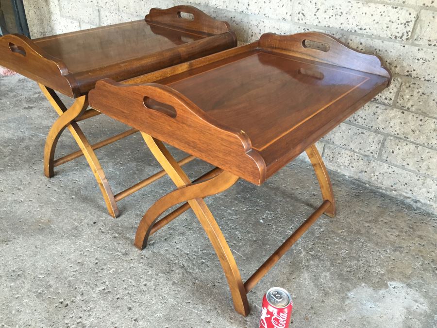 Pair Of Very Nice Wooden Inlay Trays With Separate Folding Stands And Built In Stands [Photo 8]