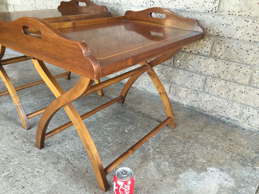 Pair Of Very Nice Wooden Inlay Trays With Separate Folding Stands And Built In Stands [Photo 10]